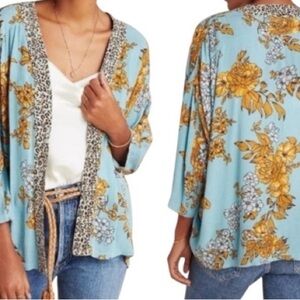 Anthropologie Light Blue Open-Front Kimono Top with Floral Print